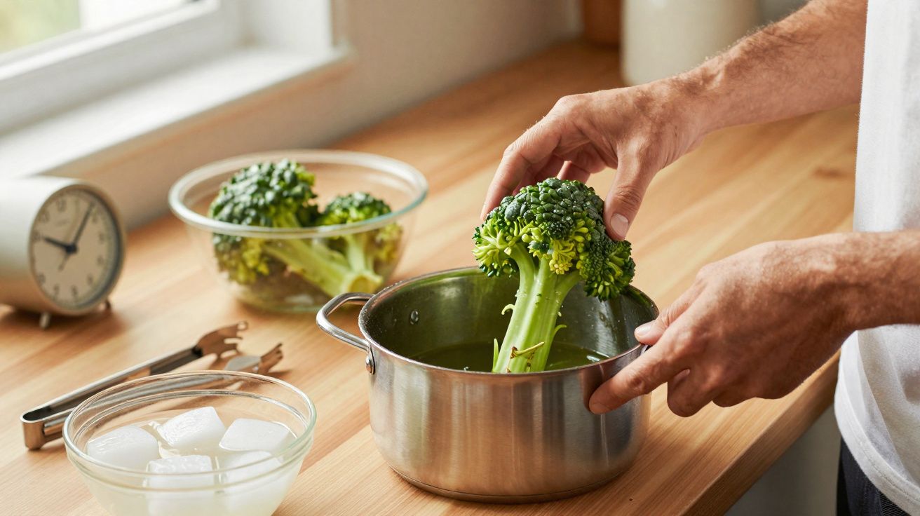 Pessoa colocando brócolis em panela de inox sobre bancada com tigelas e relógio.