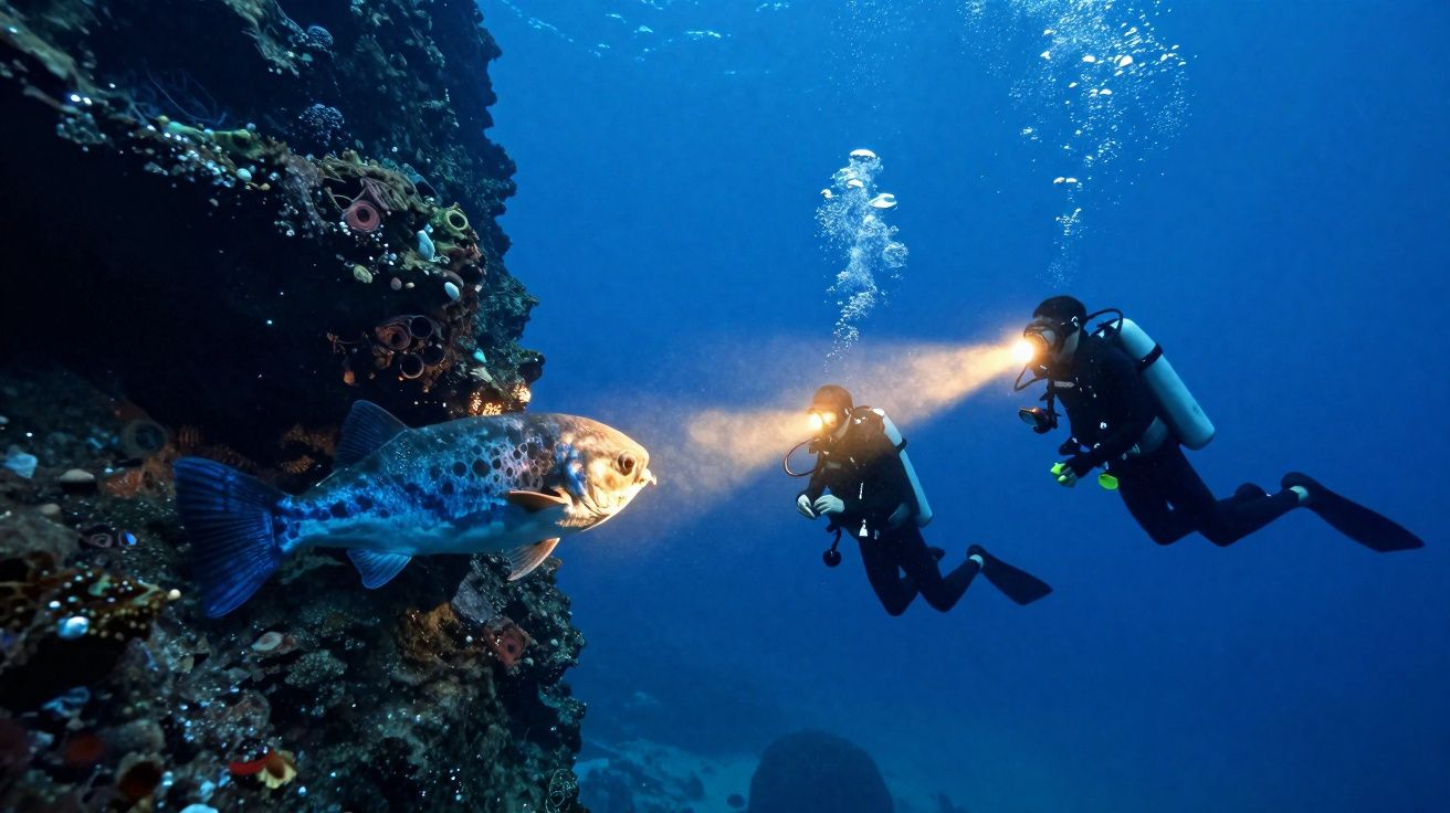 Dois mergulhadores com lanternas exploram um grande peixe próximo a um recife subaquático.