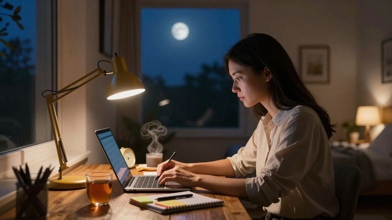 Mulher concentrada trabalha no notebook à noite com luz de mesa e lua cheia visível pela janela.