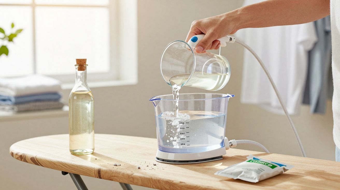 Pessoa derramando água em recipiente medidor sobre tábua de passar roupa com garrafa e sachê ao lado.