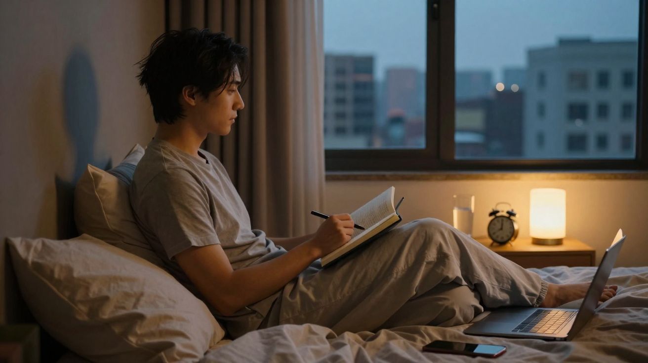 Jovem sentado na cama escrevendo em caderno com laptop e relógio ao fundo durante o anoitecer.