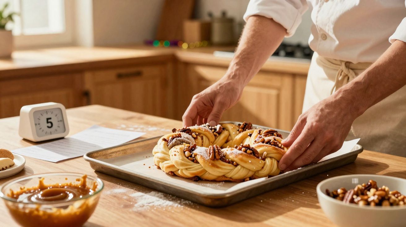 Pessoa posicionando pão doce trançado com nozes em forma de coroa em forma retangular na cozinha.