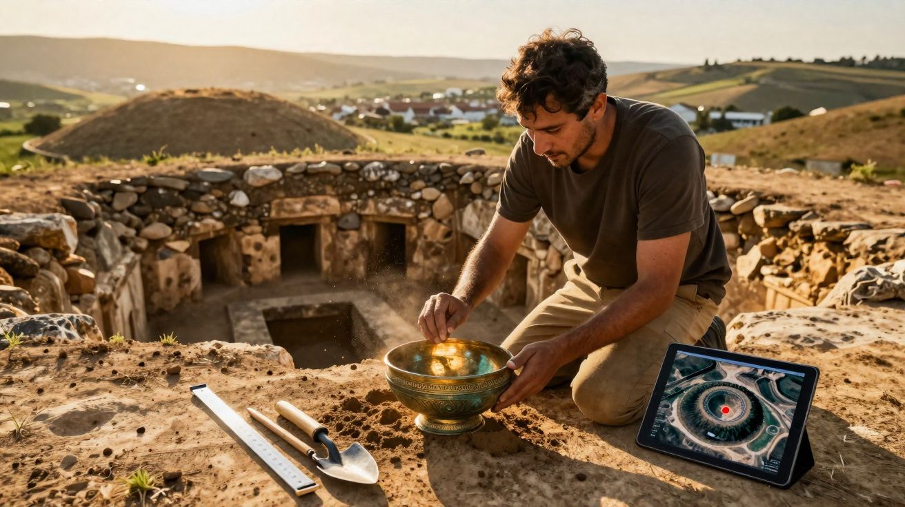 Homem arqueólogo analisa objeto dourado em escavação arqueológica com tablet e ferramentas ao redor.