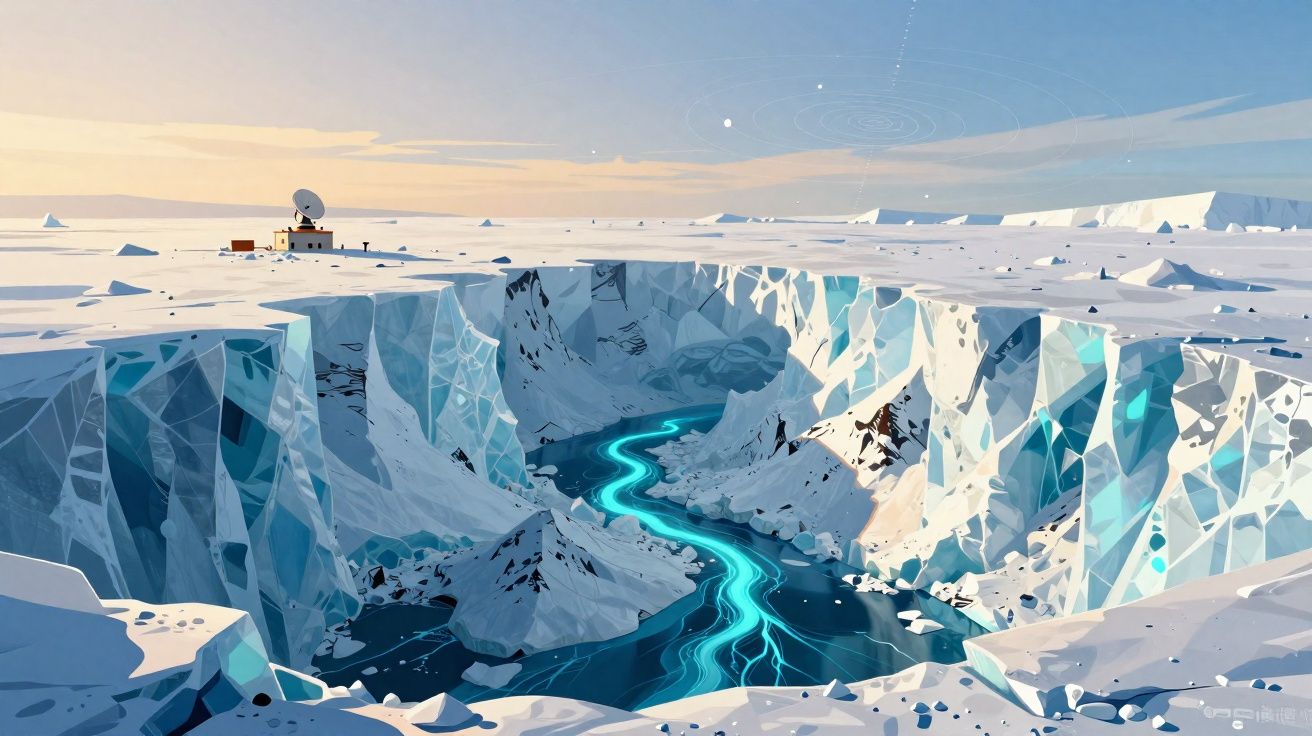 Paisagem congelada com penhascos de gelo e um rio azul brilhante serpenteando no meio.