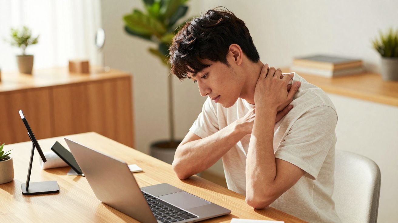 Homem sentado diante de laptop segurando o pescoço com expressão de desconforto, em ambiente claro e com plantas.
