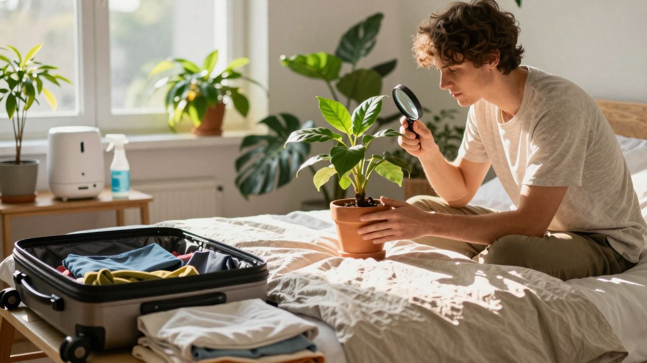 Homem sentado na cama examina planta em vaso com lupa ao lado de mala aberta com roupas.