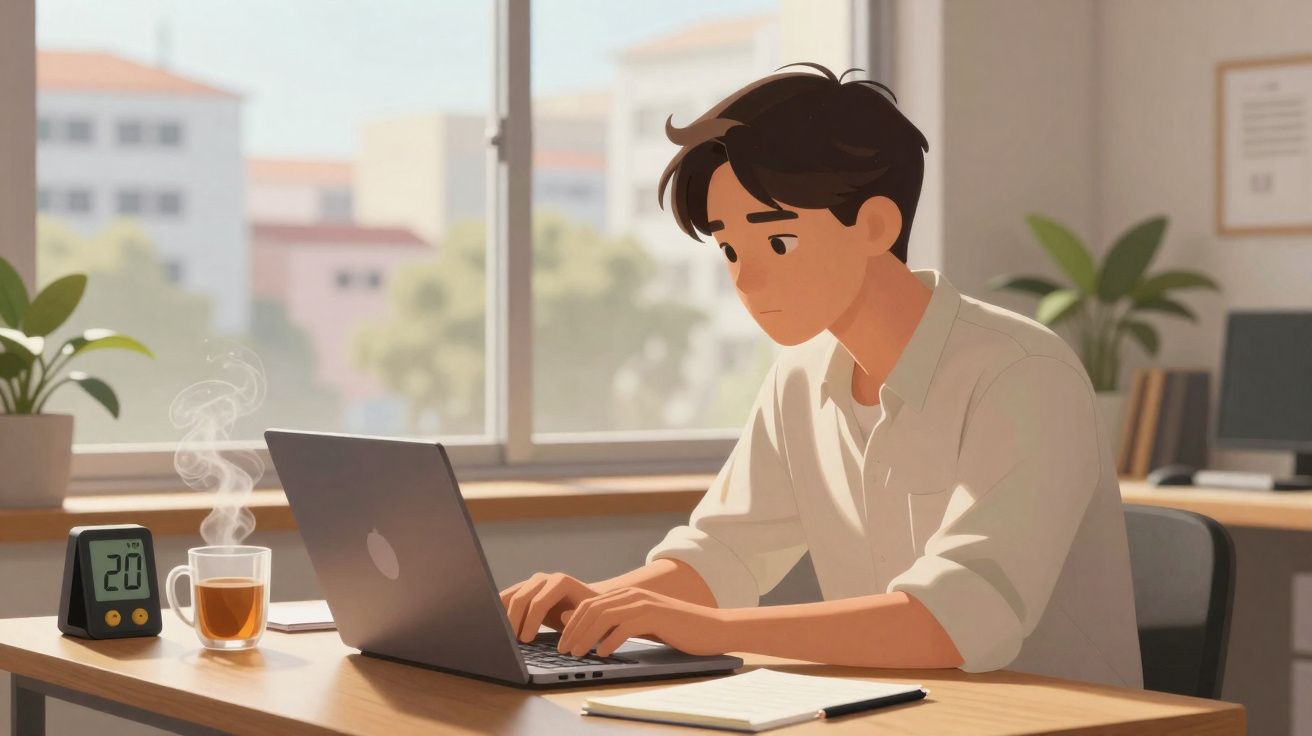 Jovem trabalhando em laptop numa mesa com xícara de chá, caderno e termômetro digital marcando 20 graus.