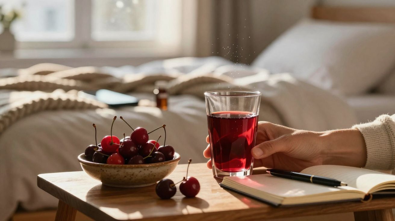 Mão segurando copo com suco vermelho ao lado de caderno aberto e tigela de cerejas em mesa de madeira.