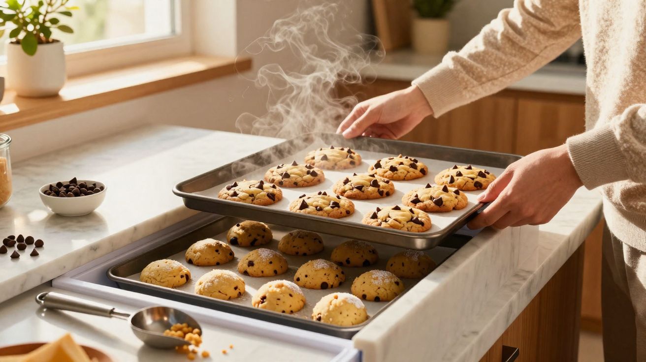 Pessoa retirando bandeja com cookies quentes e crocantes de chocolate do forno em cozinha iluminada