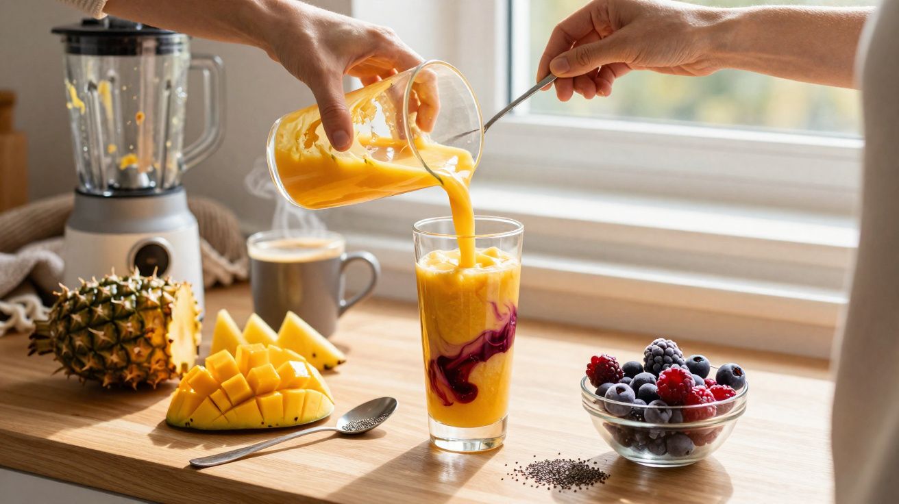 Pessoa derramando smoothie de manga em copo com frutas vermelhas, manga, abacaxi e liquidificador ao fundo.