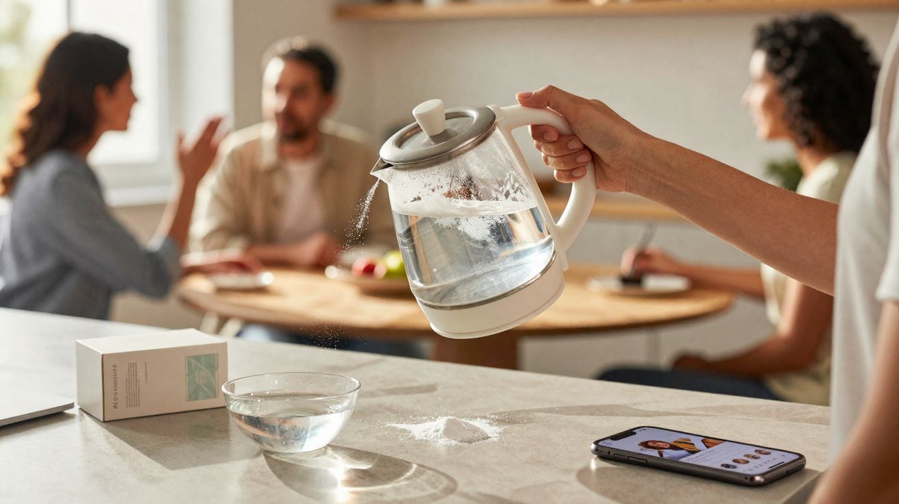 Mão despejando água de chaleira elétrica em tigela, pessoas conversando ao fundo em ambiente doméstico.