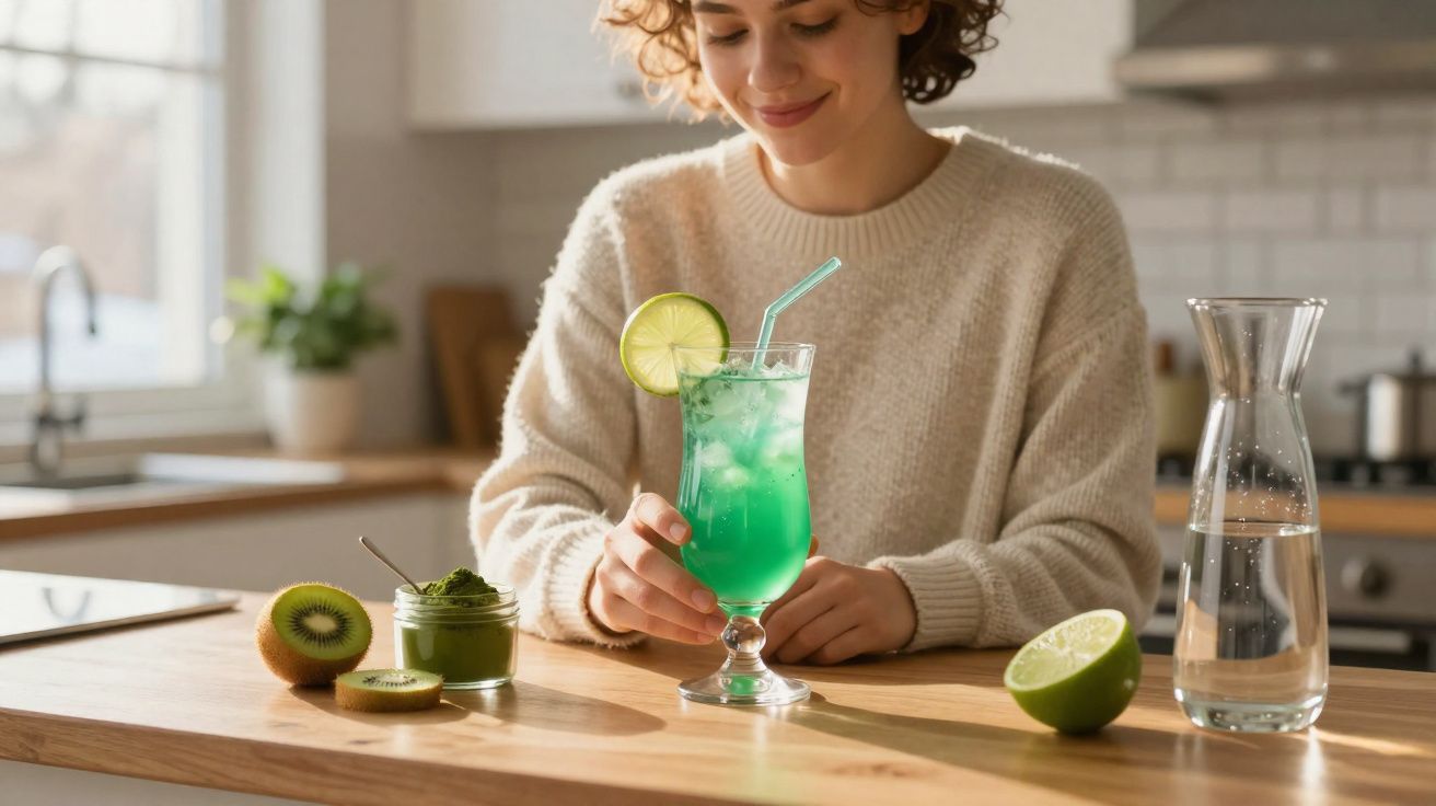 Mulher sorrindo segurando copo com drink verde e rodela de limão em cozinha iluminada.