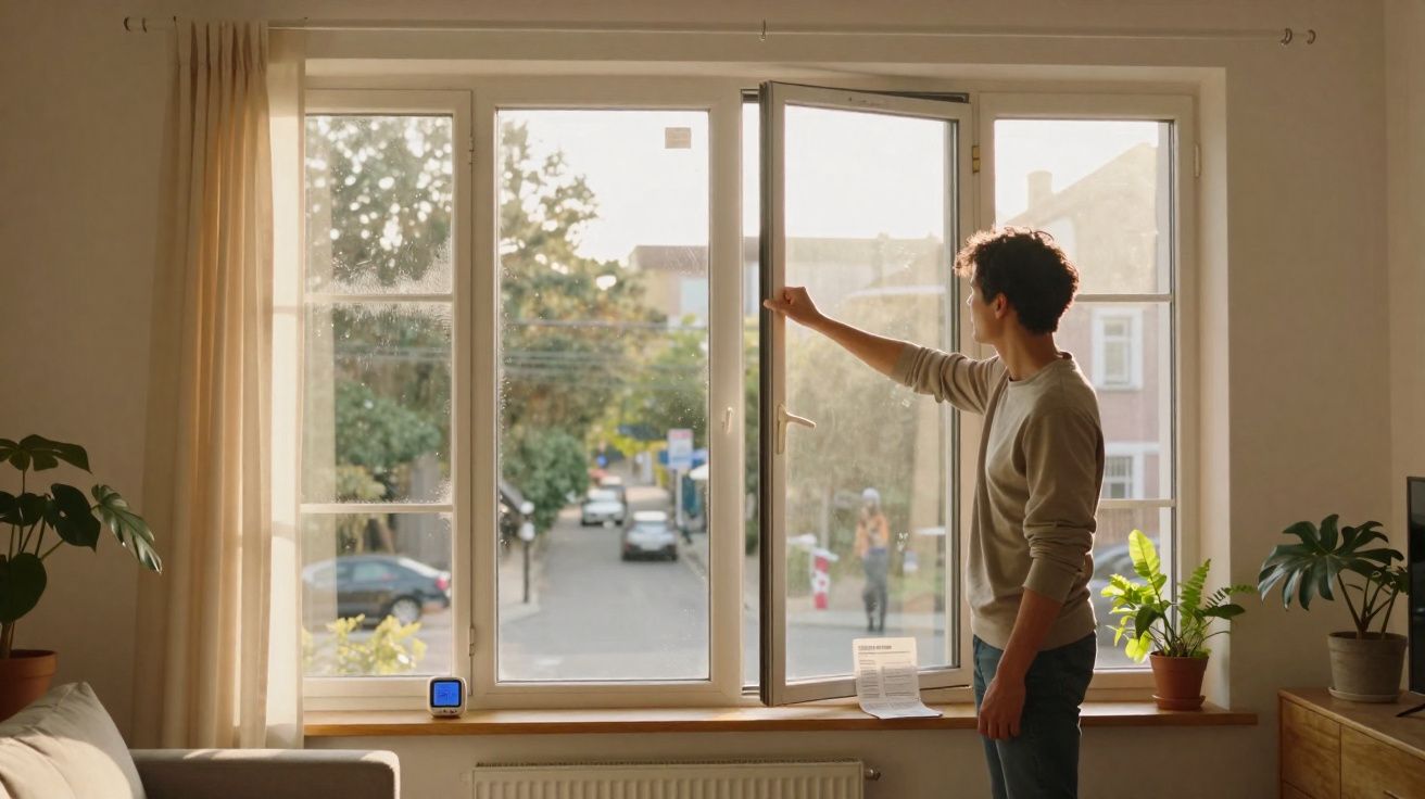 Pessoa abrindo janela grande de uma sala iluminada com plantas na bancada ao lado