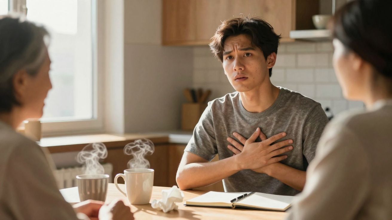 Jovem com expressão preocupada conversa com duas pessoas enquanto segura o peito, em cozinha iluminada.