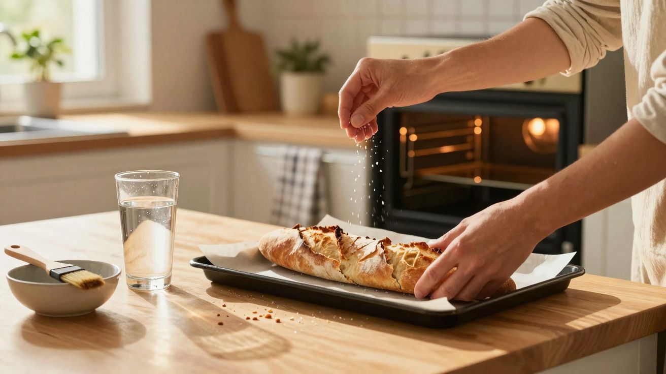 Pessoa salpicando sal em pão fresco sobre bandeja na cozinha iluminada e organizada.