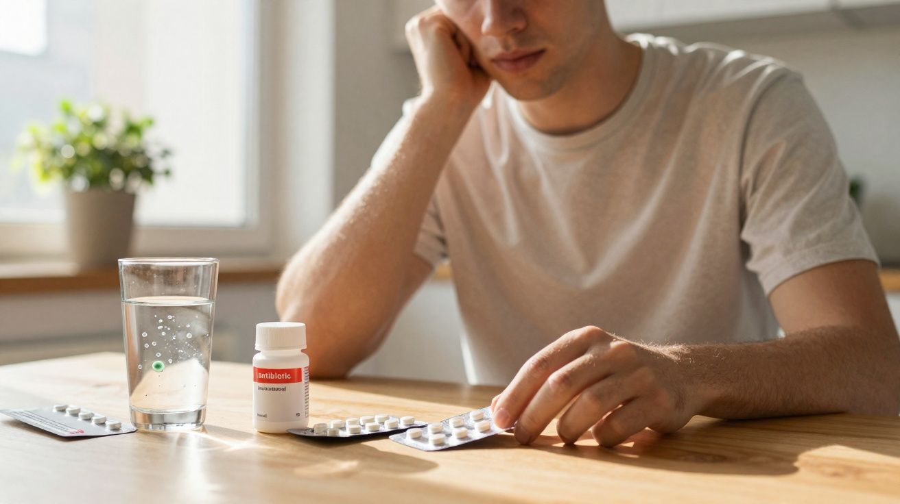 Homem sentado à mesa com remédios e copo de água, aparentando estar pensativo ou preocupado.