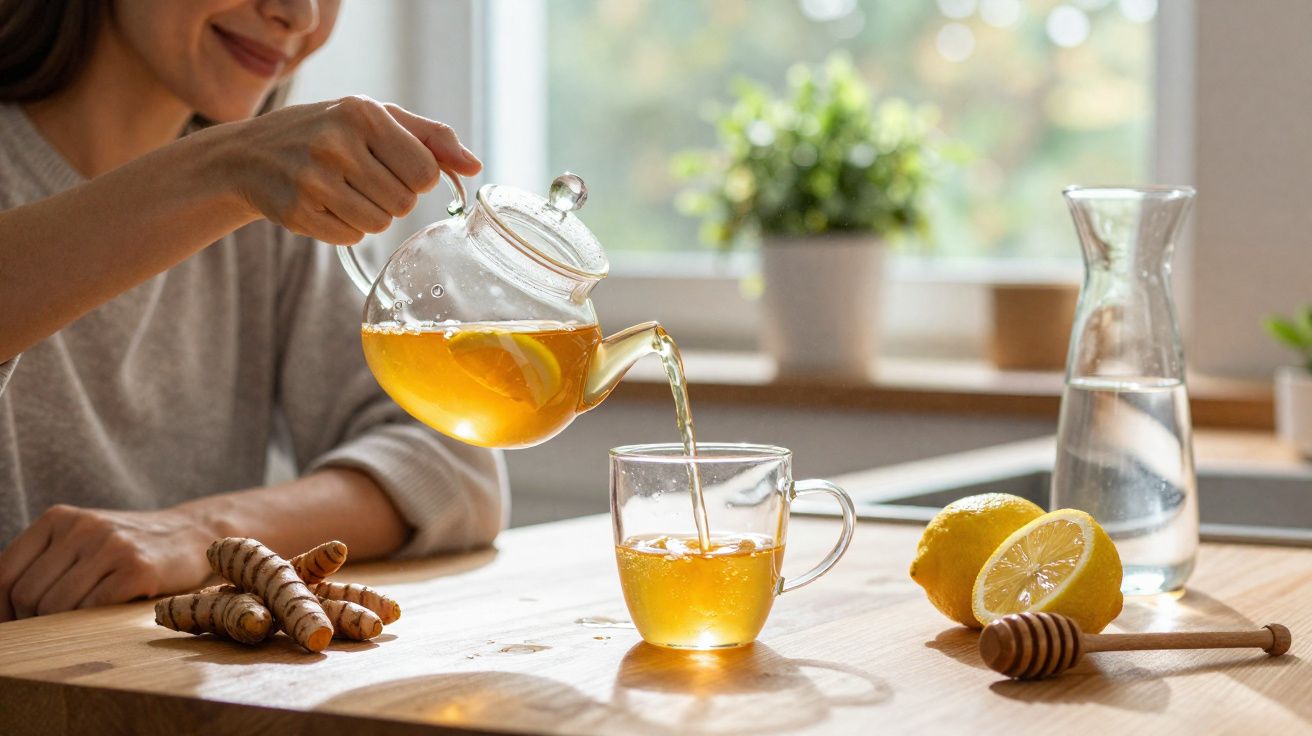 Pessoa servindo chá de limão em xícara transparente em mesa com raiz de cúrcuma, limão e mel.