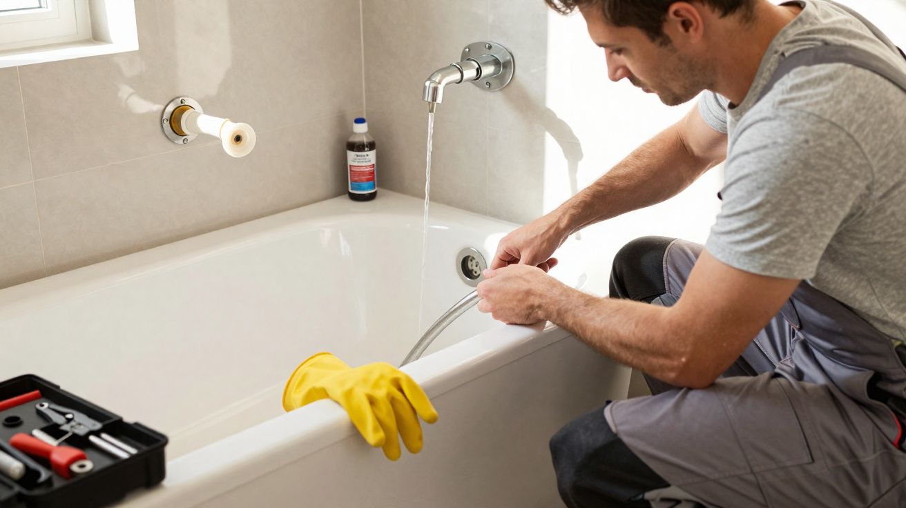 Homem consertando cano da banheira com água correndo e ferramentas ao lado.