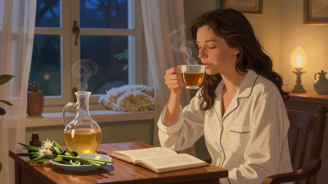 Mulher de pijama branco sentada à mesa, lendo livro e apreciando chá quente em ambiente aconchegante à noite.