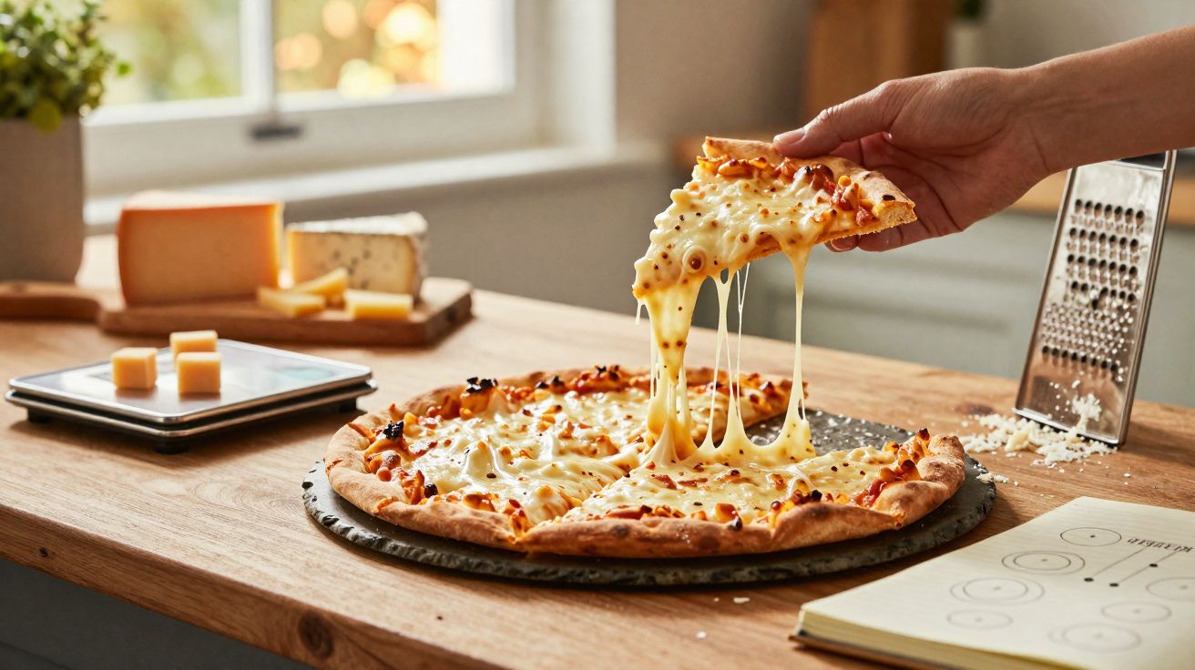 Pizza de queijo com fatia sendo levantada, mostrando queijo derretido e elástico sobre mesa de madeira.
