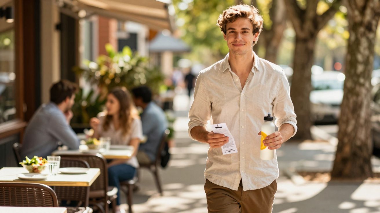 Homem sorridente caminhando em rua com garrafa e bilhete nas mãos, com pessoas em mesa ao fundo.