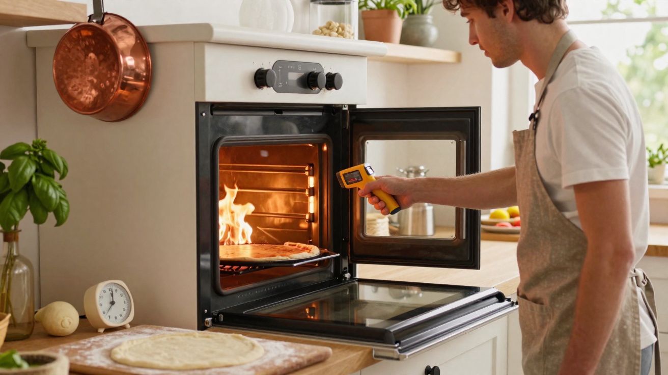 Homem usando termômetro infravermelho para verificar pizza no forno em cozinha com bancada de madeira.