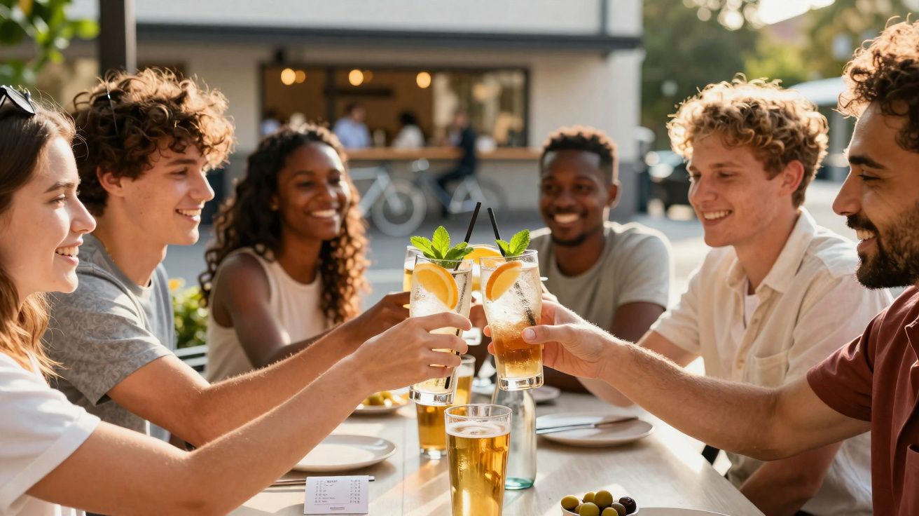 Jovens brindando com bebidas em um restaurante ao ar livre, sorrindo e celebrando juntos.
