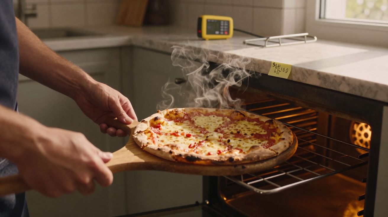 Pessoa retirando pizza quente e fumegante de forno em cozinha iluminada por janela.
