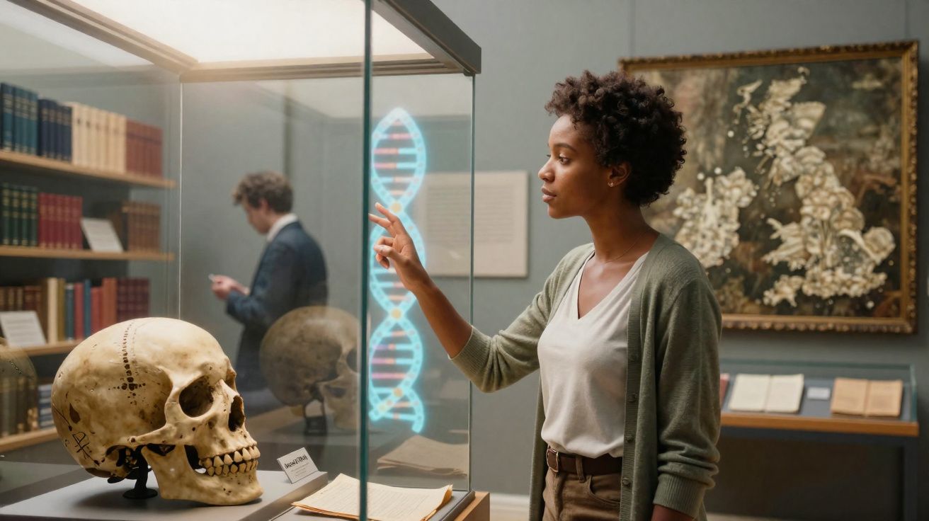 Mulher interagindo com holograma de DNA em museu de história natural, próxima a crânio humano em exposição.