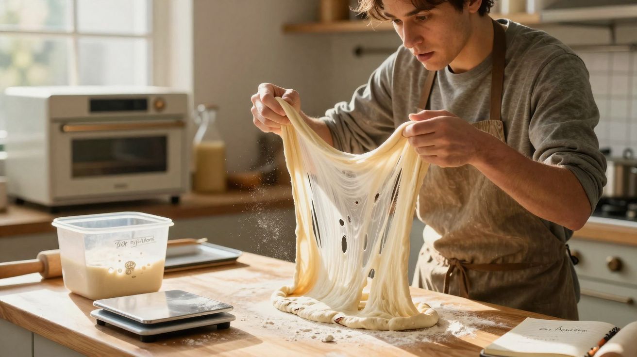 Jovem segurando massa elástica para pão em cozinha iluminada, com utensílios e ingredientes na bancada.