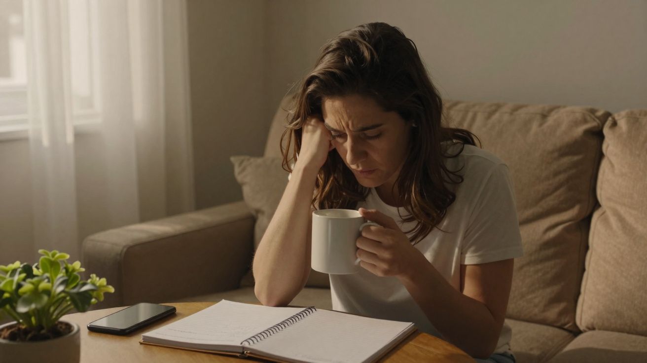 Mulher sentada no sofá, preocupada, segurando xícara e olhando para caderno aberto sobre mesa.