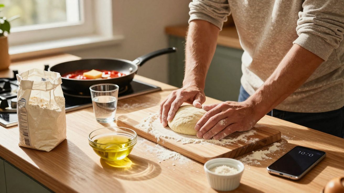 Pessoa amassando massa de pão em tábua com ingredientes e frigideira ao fundo na cozinha.