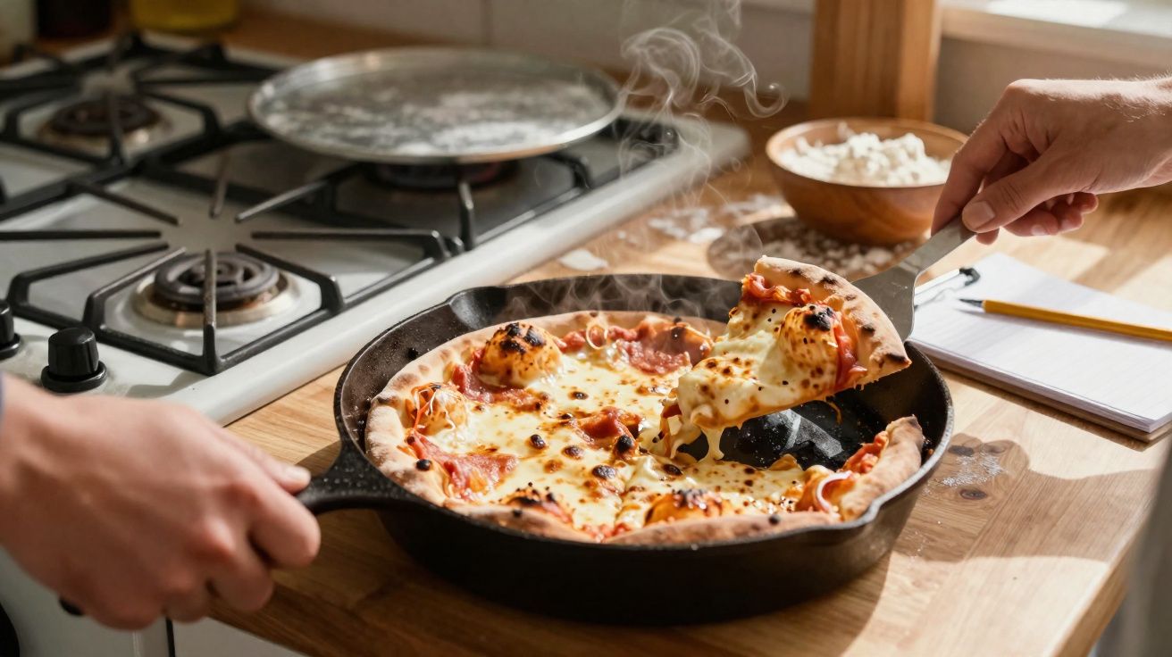 Pizza de mussarela sendo servida em frigideira de ferro sobre bancada de madeira em cozinha.