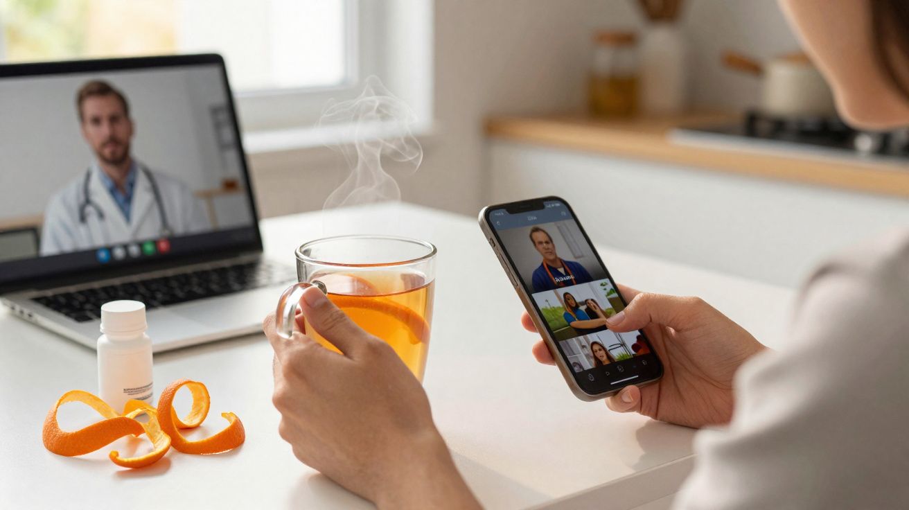 Pessoa participa de consulta médica online segurando chá quente e celular, com laptop aberto ao fundo.