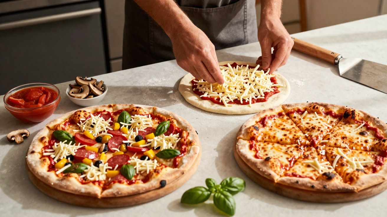 Mãos colocando queijo em massa de pizza com duas pizzas prontas e ingredientes ao redor sobre bancada.