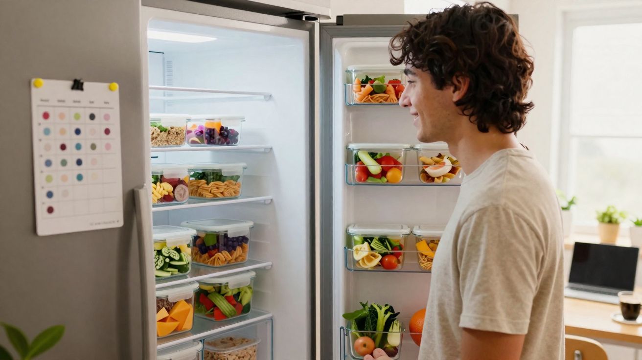 Jovem olha animado para a geladeira aberta cheia de potes com frutas e vegetais frescos organizados.