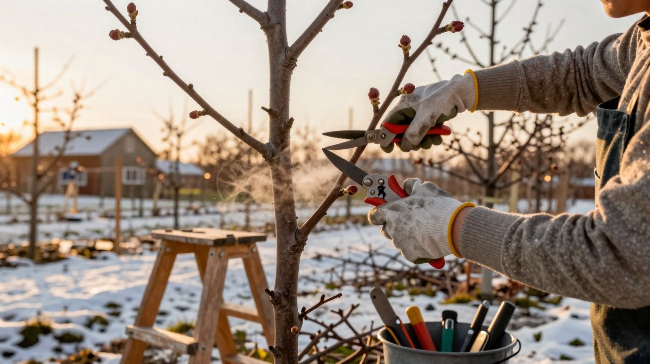 Pessoa podando galho de árvore com tesoura de poda no jardim coberto de neve ao pôr do sol.