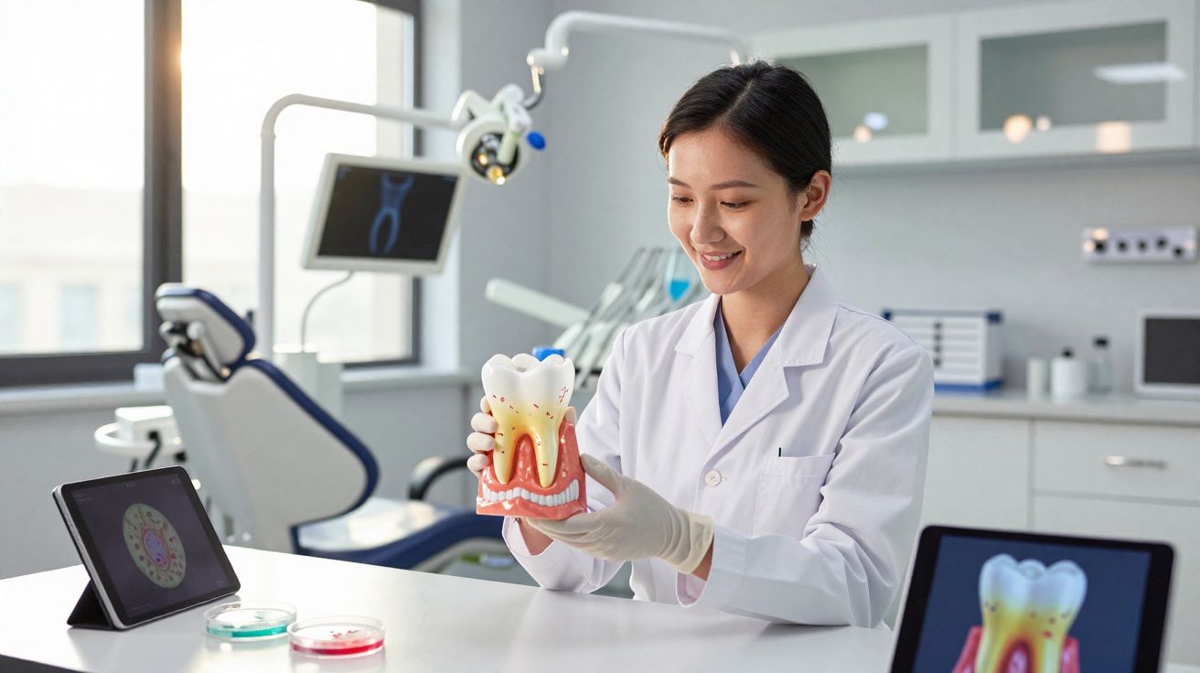 Dentista em consultório mostrando modelo ampliado de dente com gengiva para explicação.