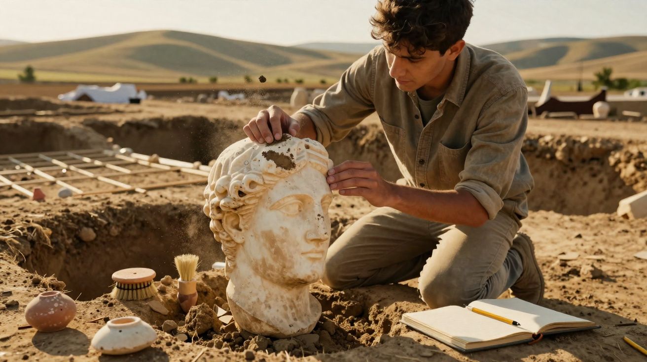 Homem escavando e limpando uma cabeça de estátua antiga em sítio arqueológico ao ar livre.
