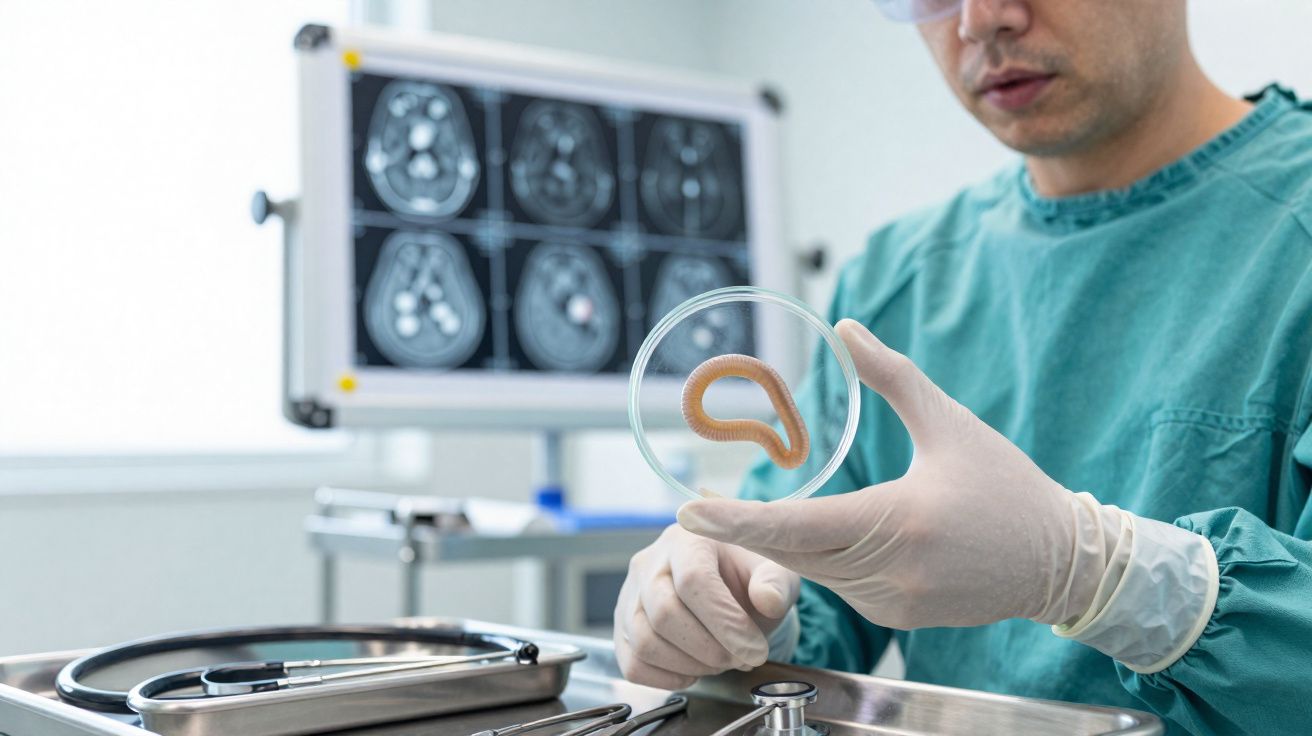 Pesquisador em laboratório segurando placa de Petri com verme, exames de imagem cerebral no fundo.
