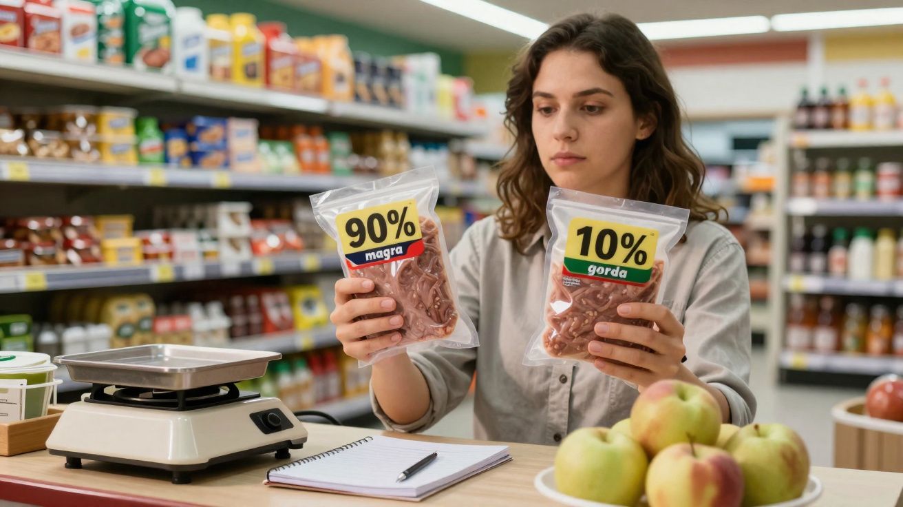 Mulher analisa pacotes de carne com etiquetas "90% magra" e "10% gorda" em supermercado.