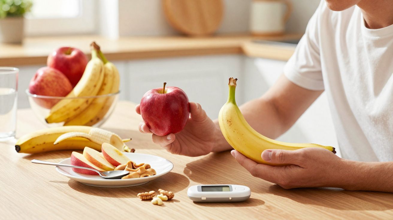 Pessoa segurando maçã e banana, com frutas e aparelho de monitoramento de glicose sobre mesa.