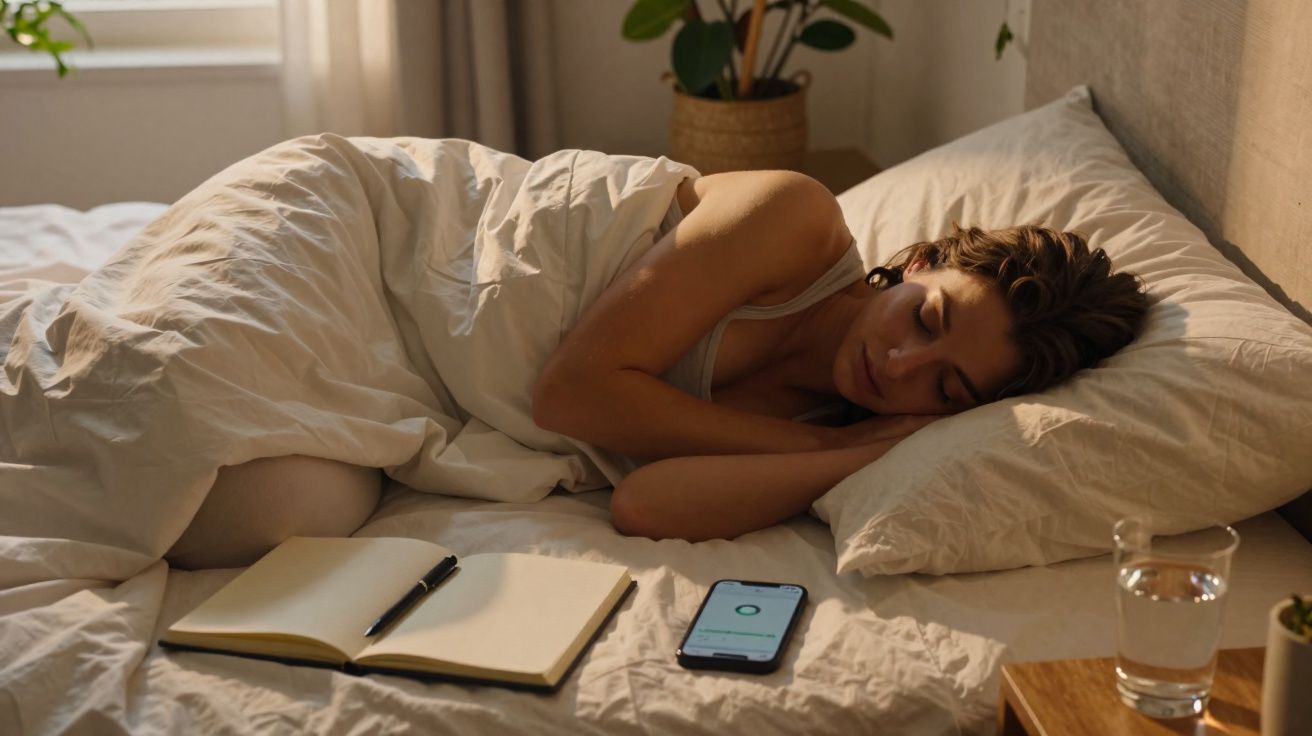 Mulher dormindo de lado na cama com caderno, caneta, celular e copo d'água ao lado.
