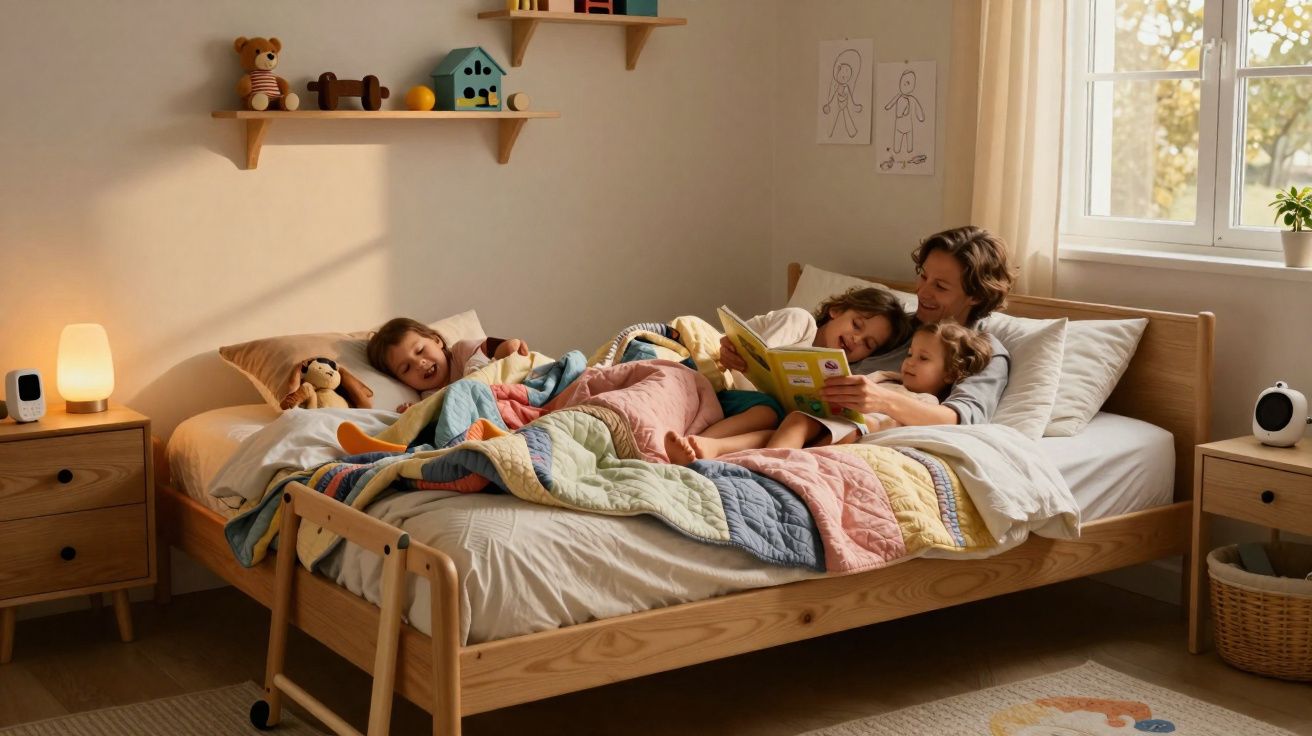 Mãe lendo um livro para dois filhos na cama, com outro filho dormindo ao lado, em quarto iluminado.