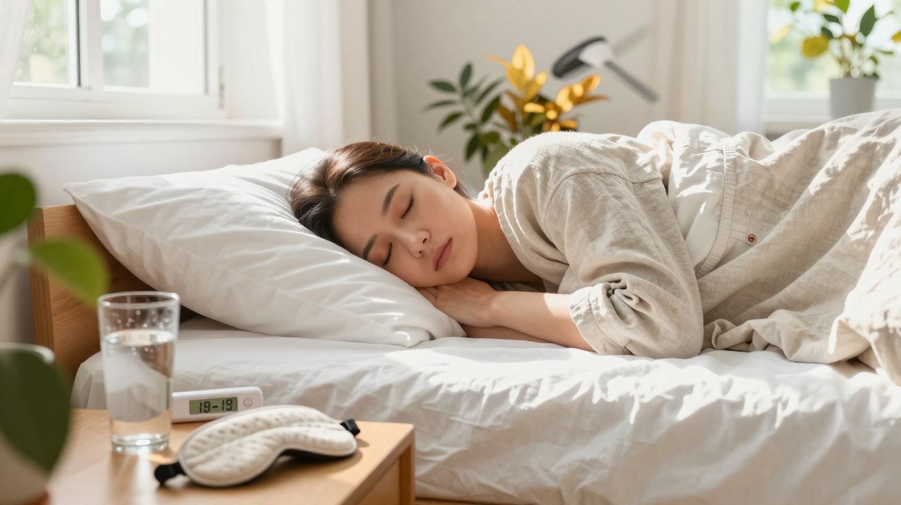 Mulher dormindo de lado em cama branca, ao lado um copo d'água, máscara de dormir e relógio digital.