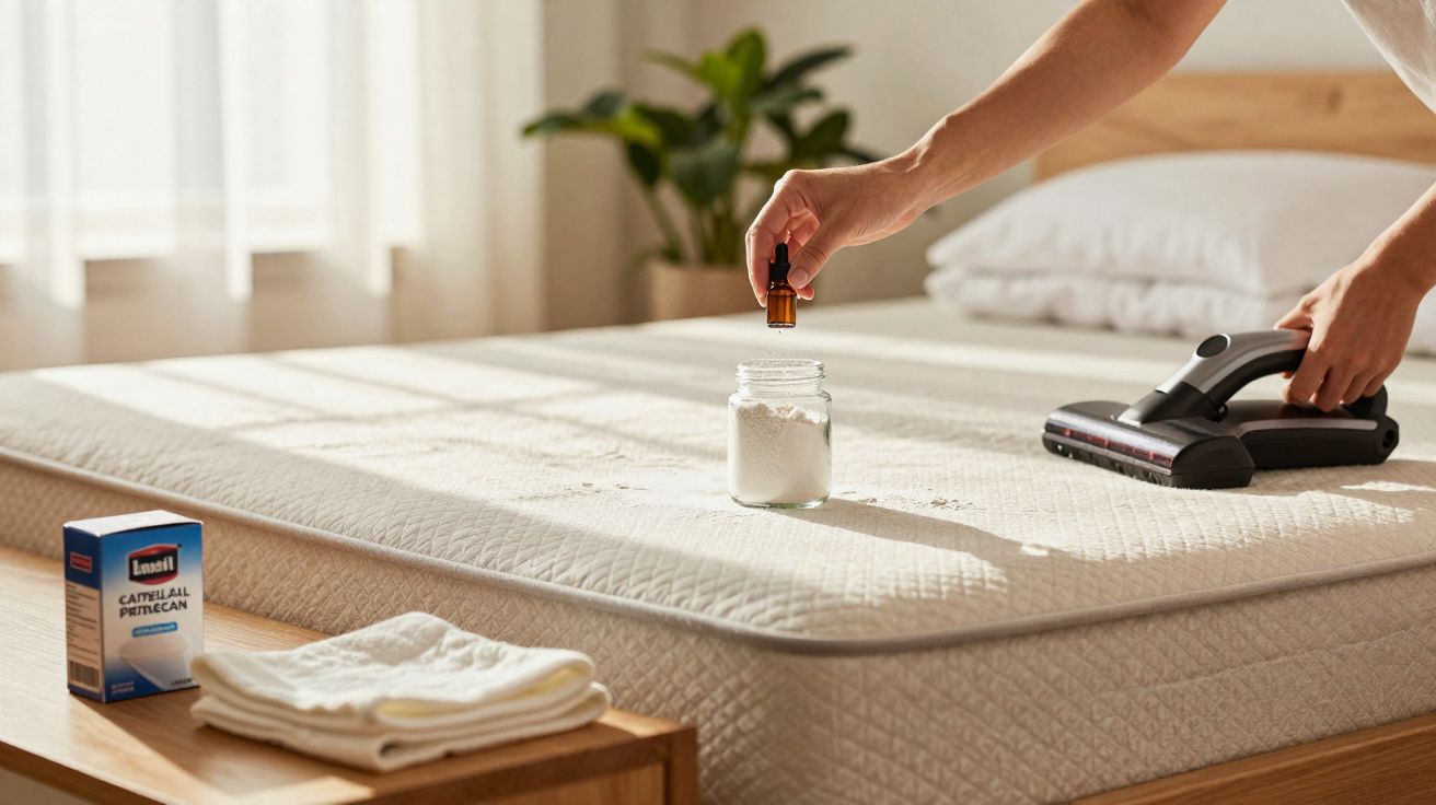 Pessoa adicionando óleo essencial em pote com bicarbonato no colchão para limpeza e desodorização.