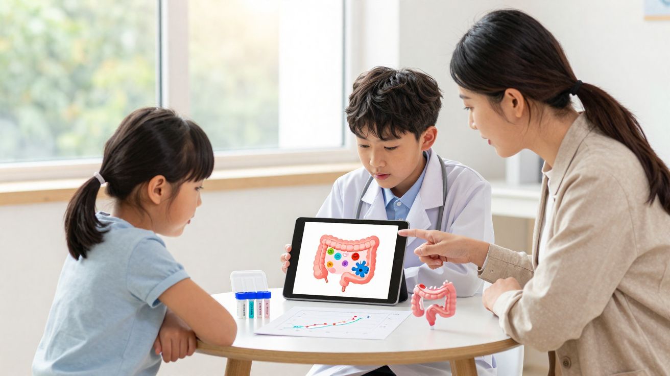 Criança e médica observando tablet com imagem do intestino durante consulta em ambiente iluminado.