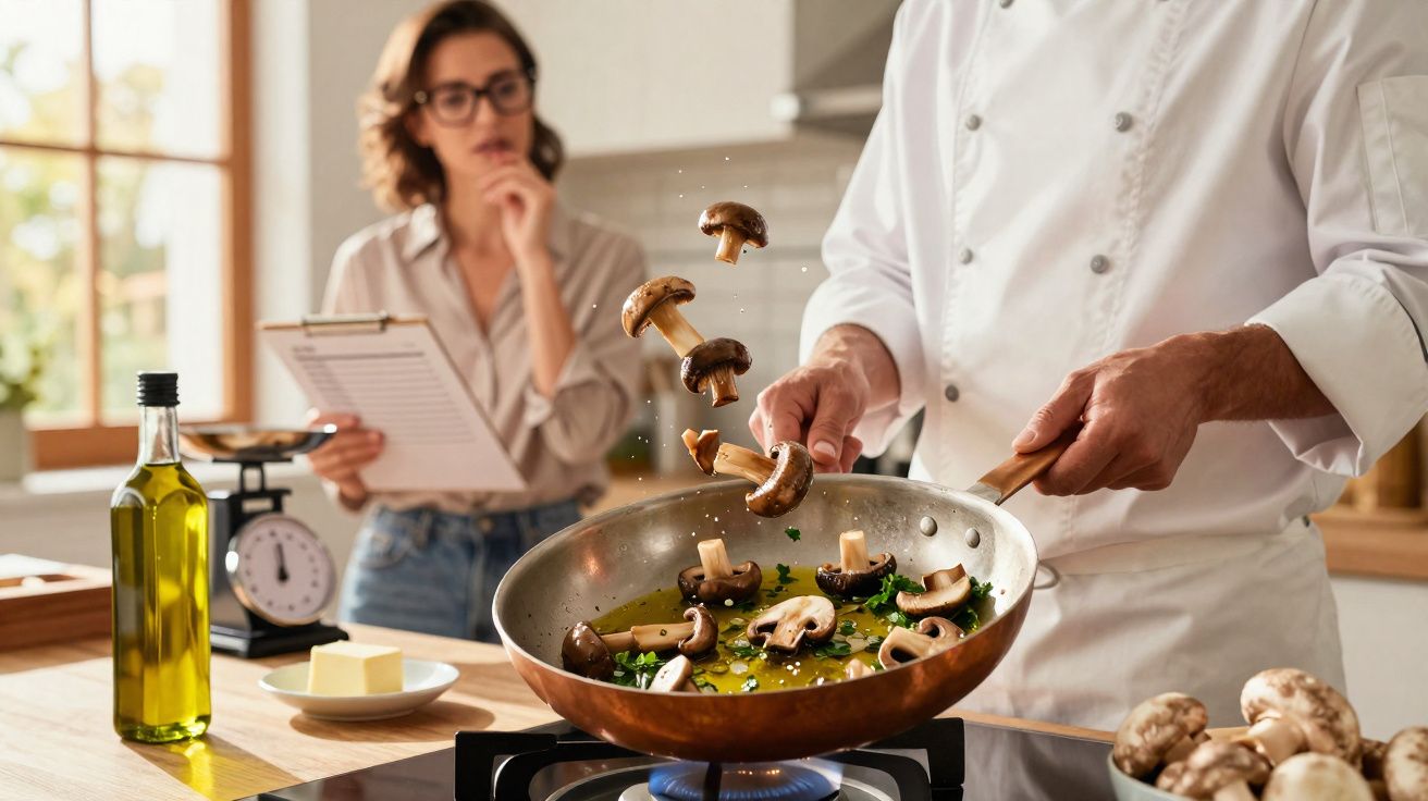 Chef virando cogumelos na frigideira enquanto mulher observa e anota em bloco de notas na cozinha.