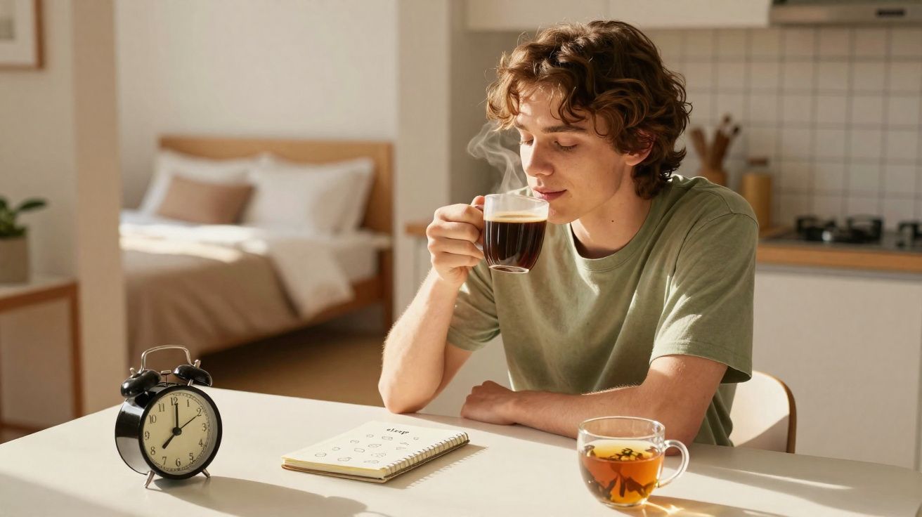 Jovem sentado à mesa tomando café ao lado de um despertador e um caderno em ambiente iluminado.