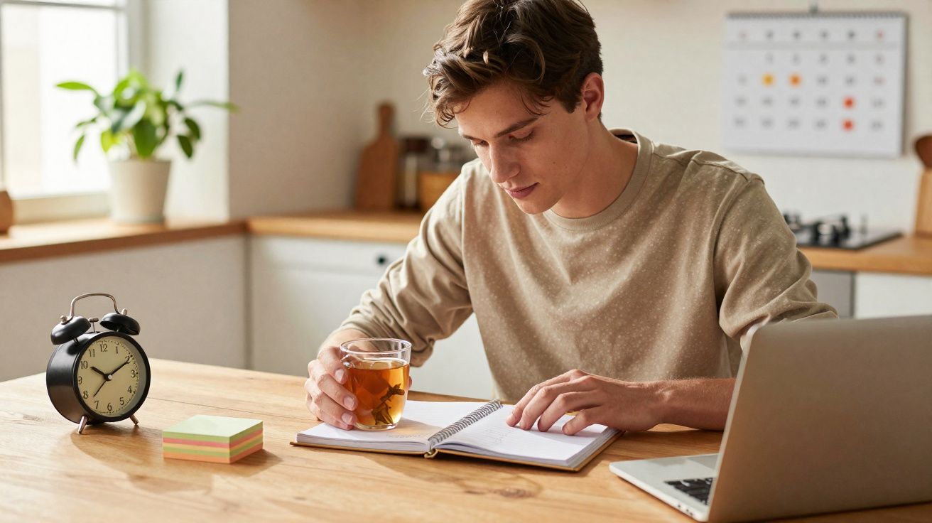 Jovem sentado à mesa com laptop, segurando copo de chá e lendo um caderno em cozinha iluminada.